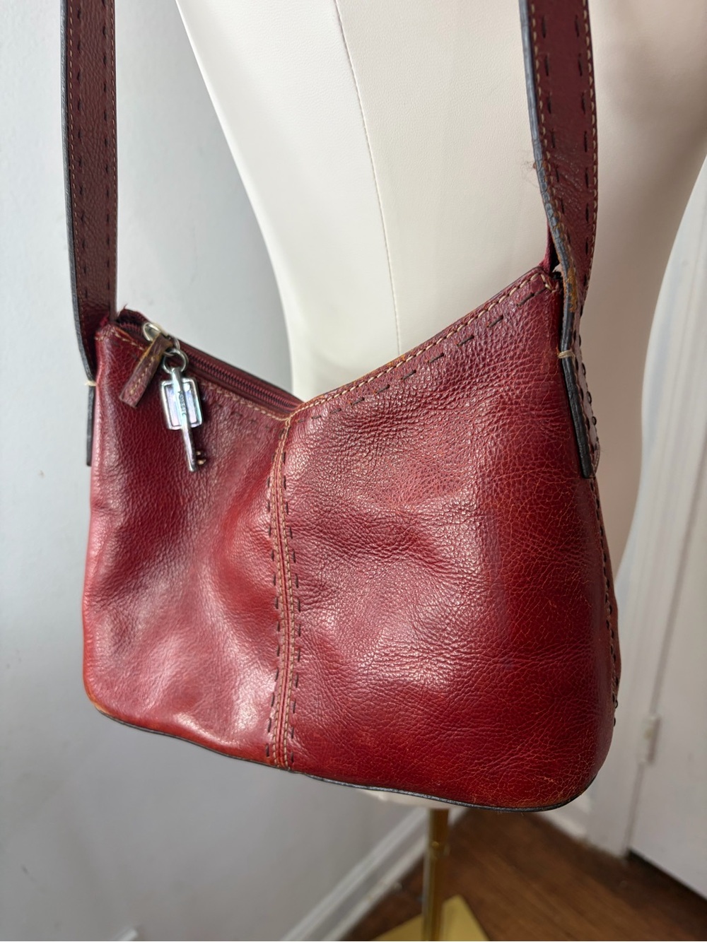 Vintage Fossil Burgundy Red Rustic Leather Shoulder Bag